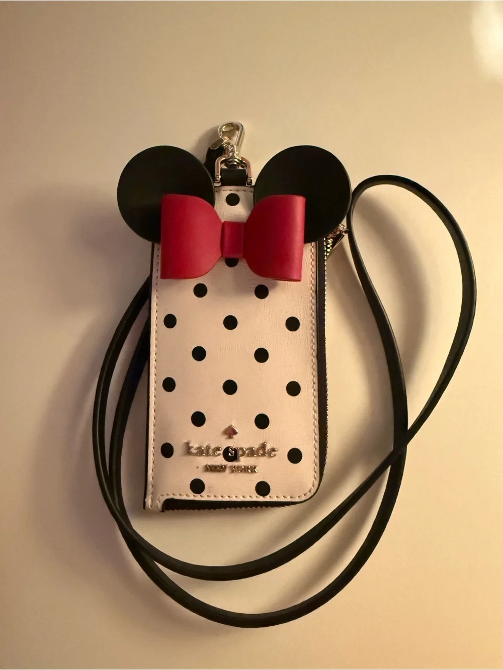 kate spade Cream and Black Polka Dot Minnie Mouse Cardholder Lanyard